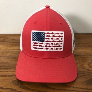 Columbia Red and White Trucker Hat with Fish American Flag Patch